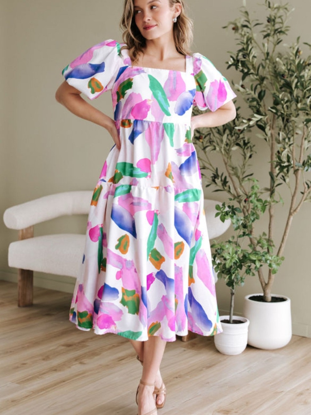 Square-Neck Puff Sleeve Midi Dress in White with Pink & Green Abstract Print